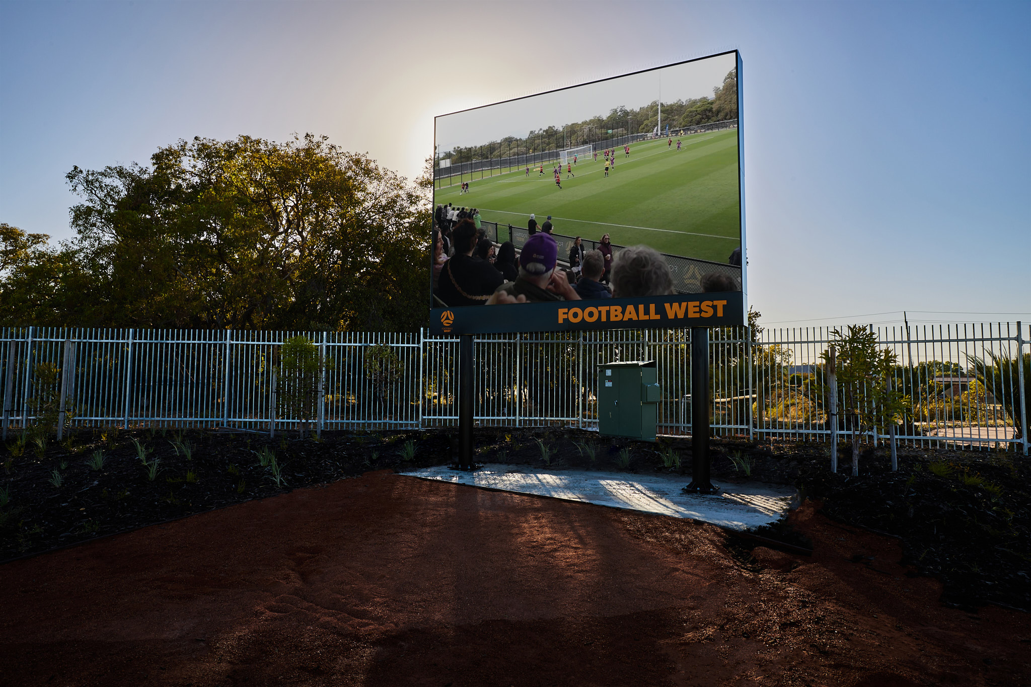 A photo of the large screen erected at the Sam Kerr Football Centre in Queens Park, Perth