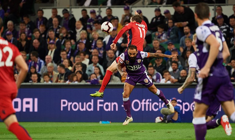 Perth Glory player head butting ball