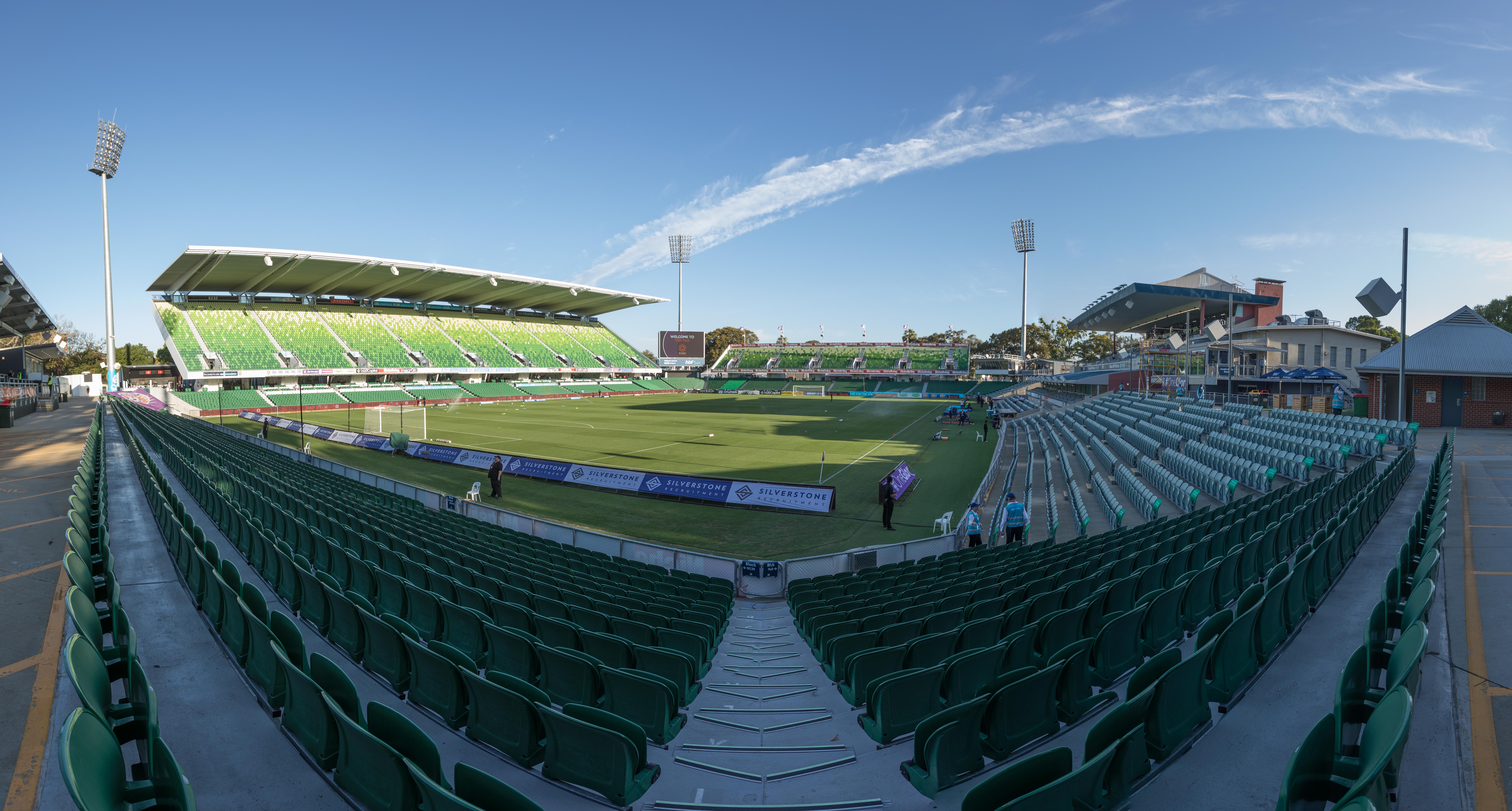A photo taken from the corner of the stands showing both the seating area as well as the pitch at HBF Park