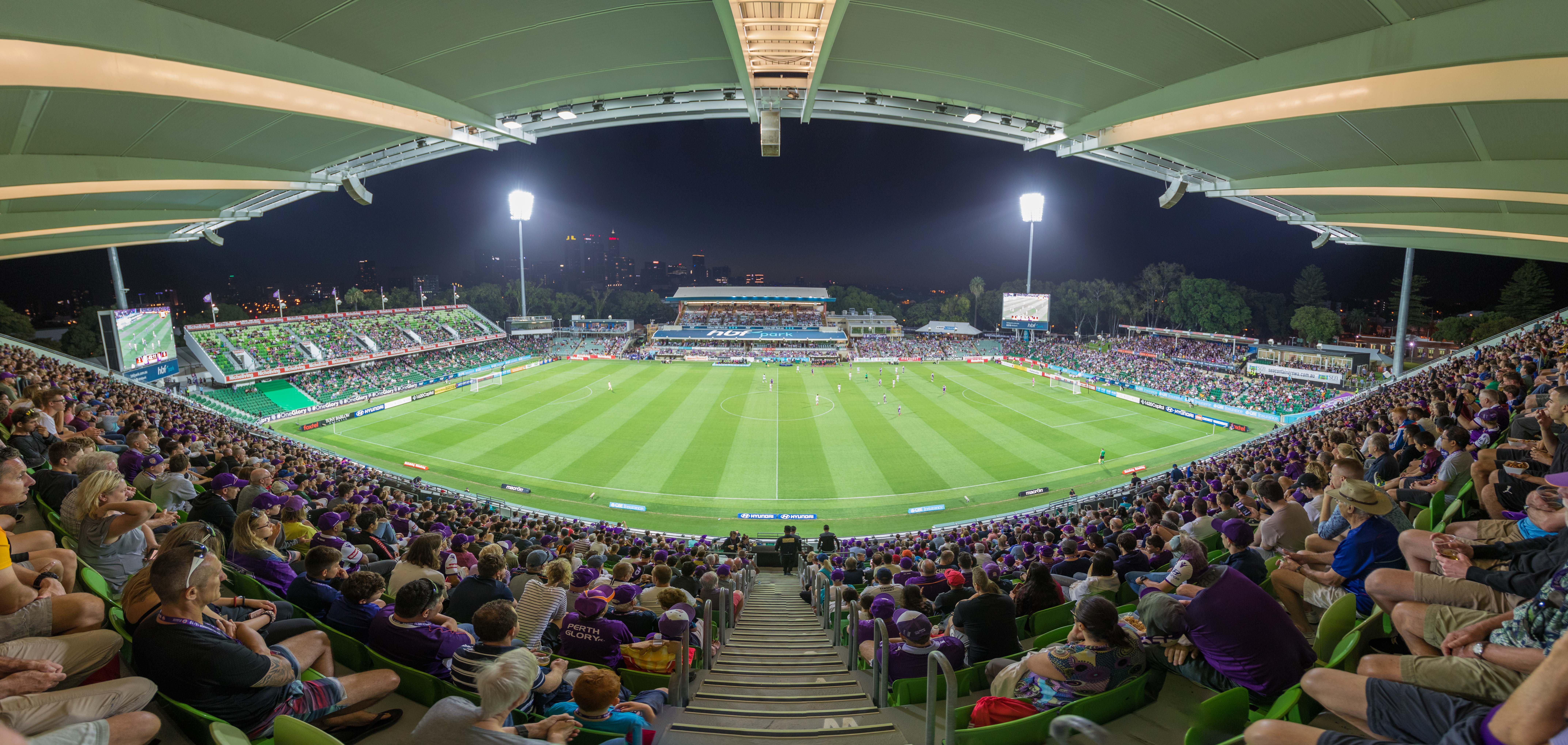 A wide angle lens photo taken from a side on view stand of the field at HBF Park