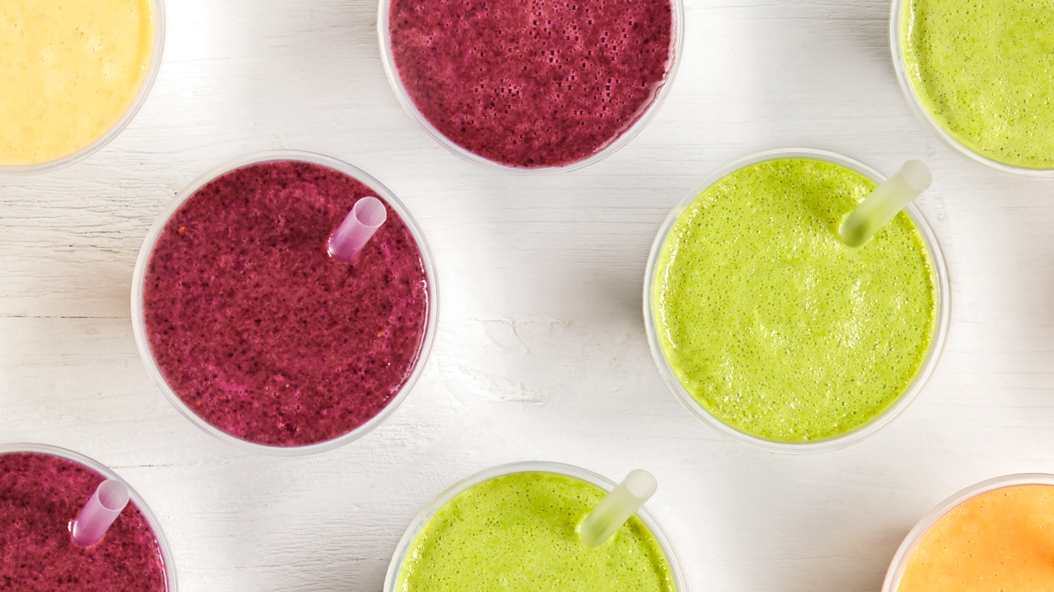 An overhead photo of various juices and smoothies at the Lemon Tree Cafe located inside Perth HPC