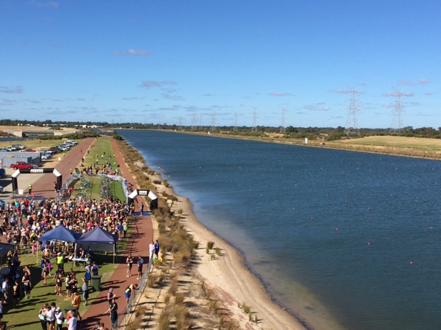An aerial photo of a triathlon event being set up at the Champion Lakes Regatta Centre in Champion Lakes, Perth