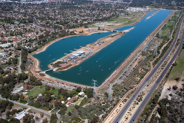 An aerial photo of the water course surrounding the Champion Lakes Regatta Centre