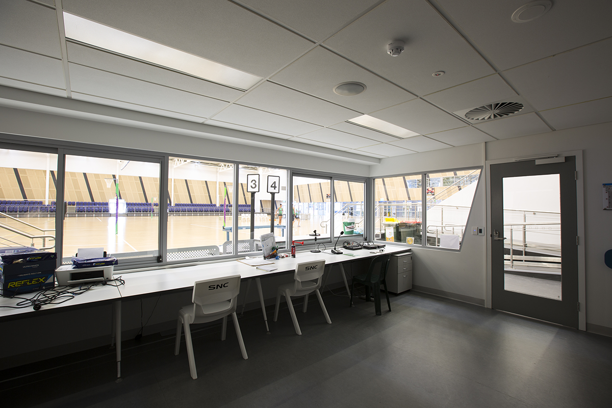 A photo of the announcers and PA booth for the indoor courts at the Gold Netball Centre in Jolimont, Perth