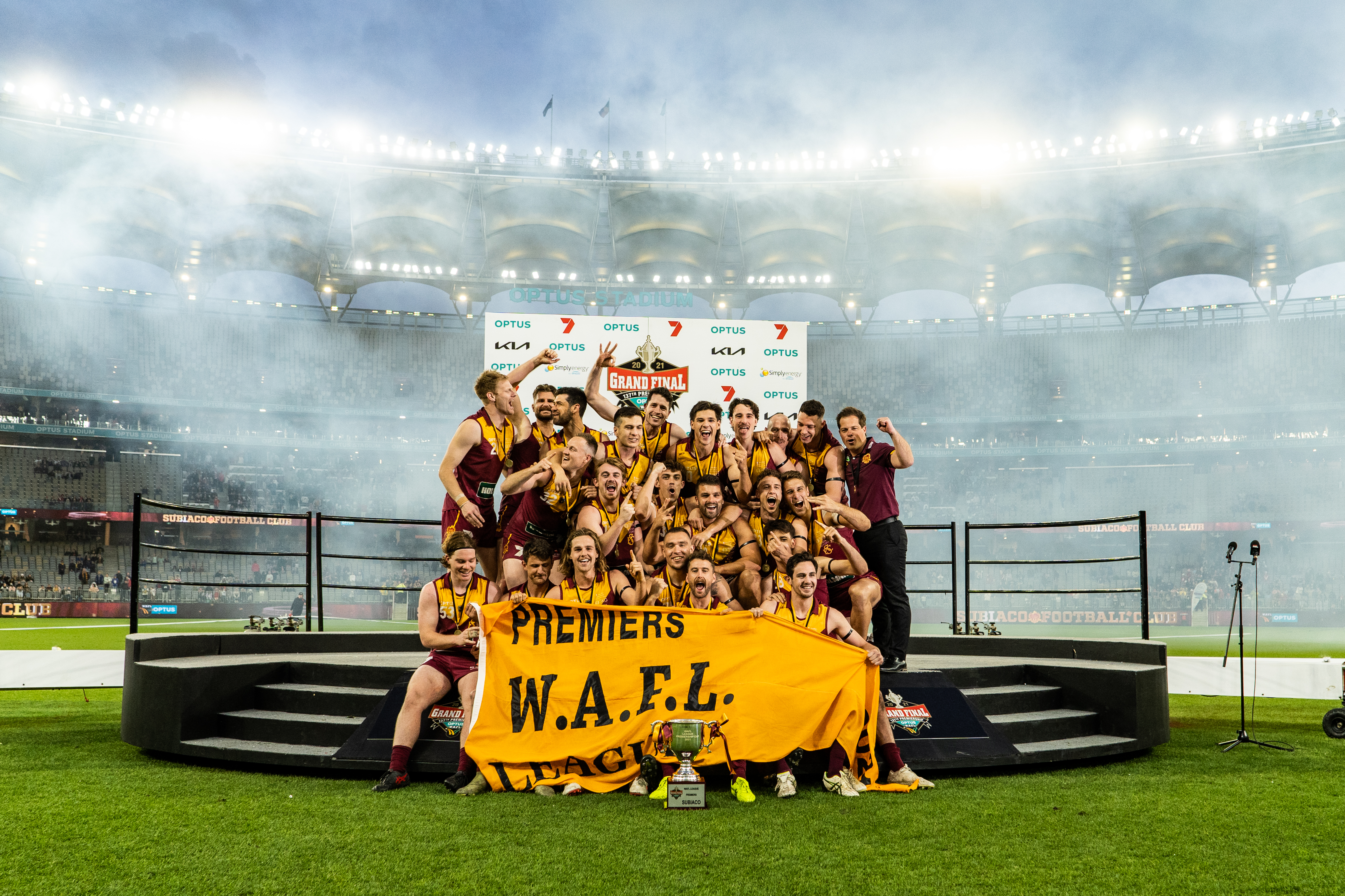 A photo of a team celebrating winning the WAFL grand final at Optus Stadium