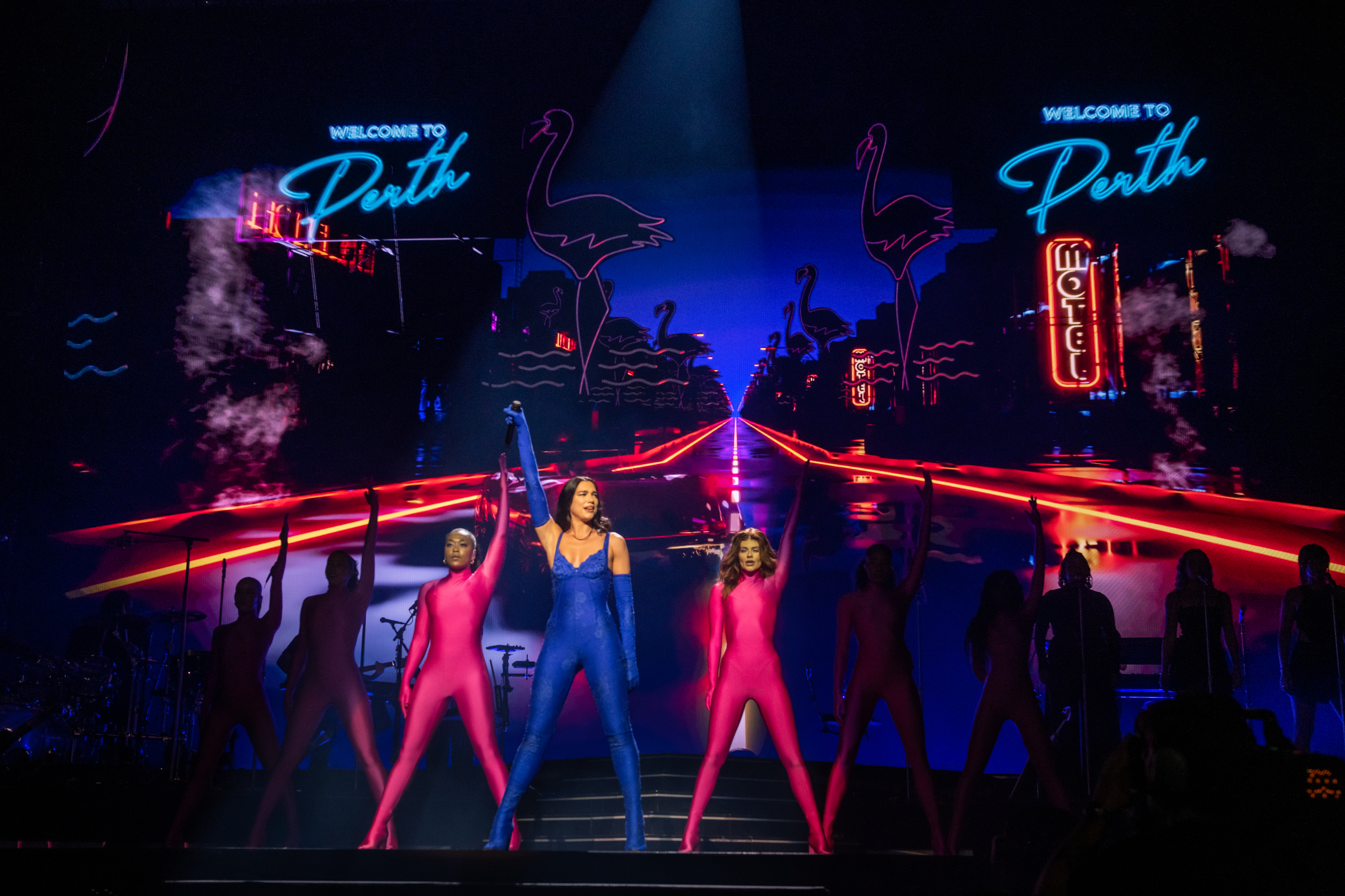 A photo of the artist Dua Lipa performing at RAC Arena in Perth