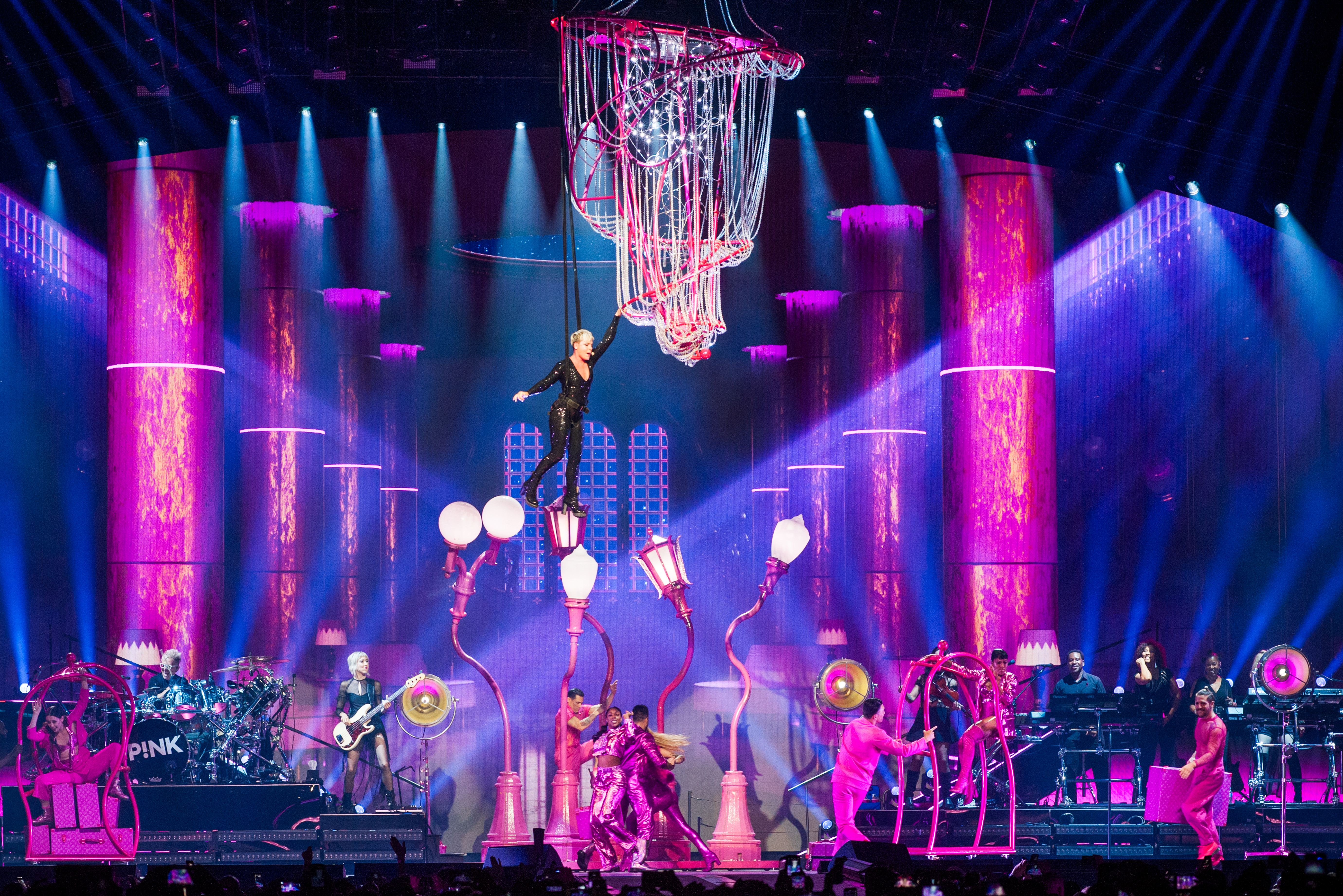 A photo of the artist P!nk and her ensemble performing at RAC Arena in Perth
