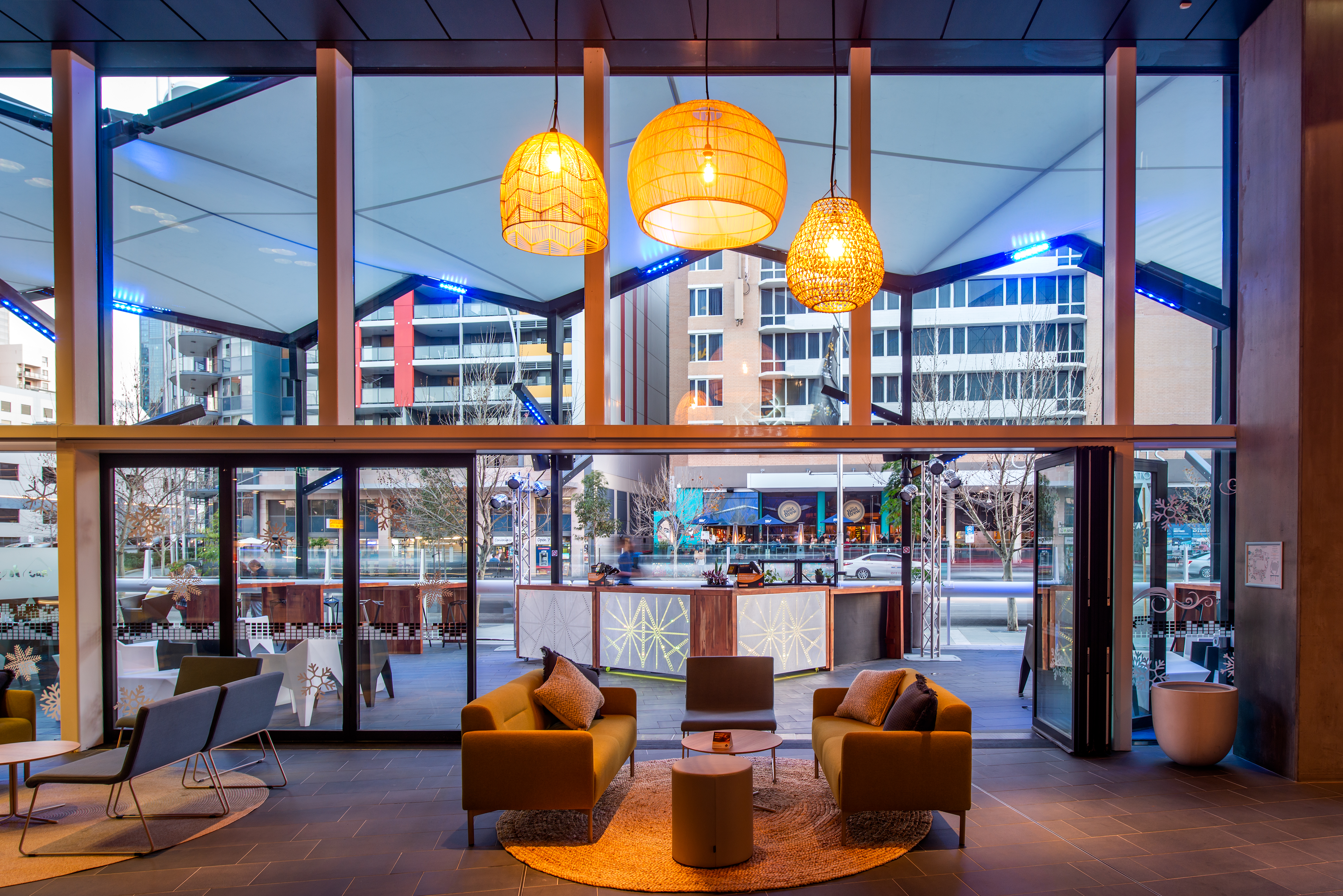 A photo of a seating area overlooking buildings at RAC Arena in Perth