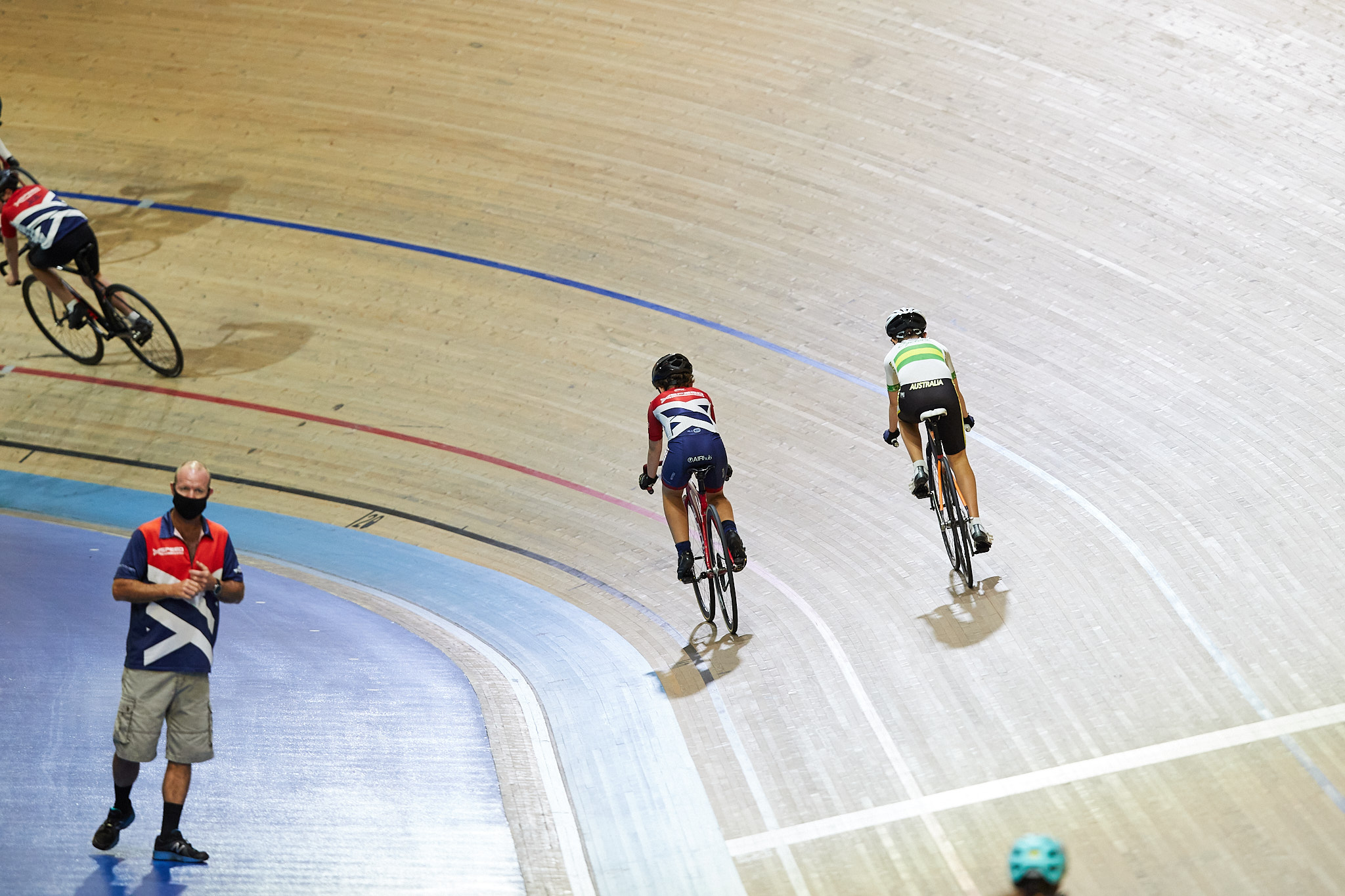 A photo of three cyclists engaging in speed cycle training at the Speeddome in Middle Swan, Perth