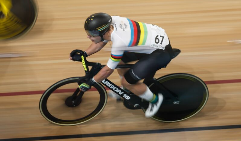 A photo of a rider competing in the Westral Wheelrace at the Speeddome in Middle Swan, Perth