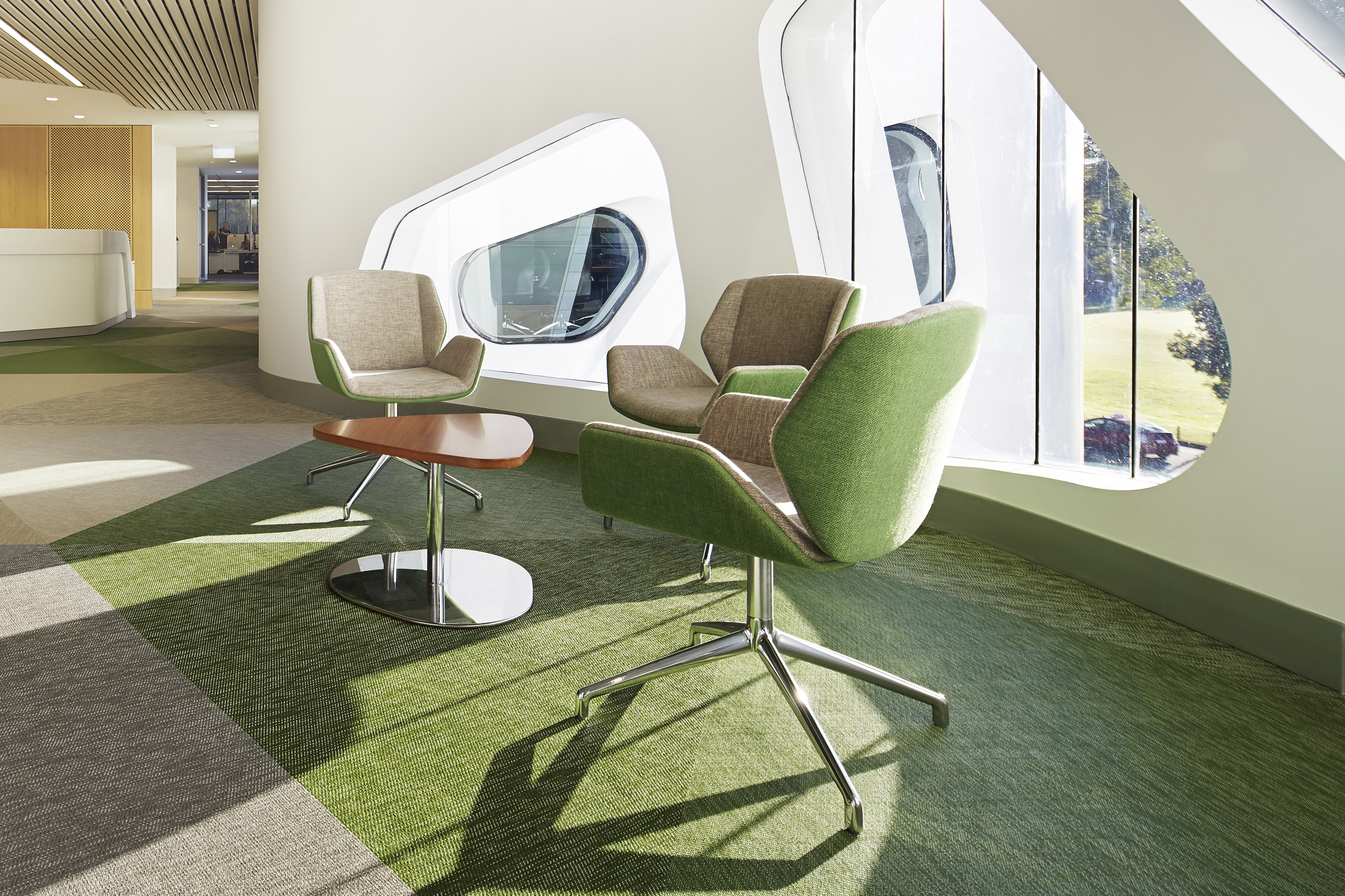 A photo of several fabric chairs in the reception at the WA Institute of Sport